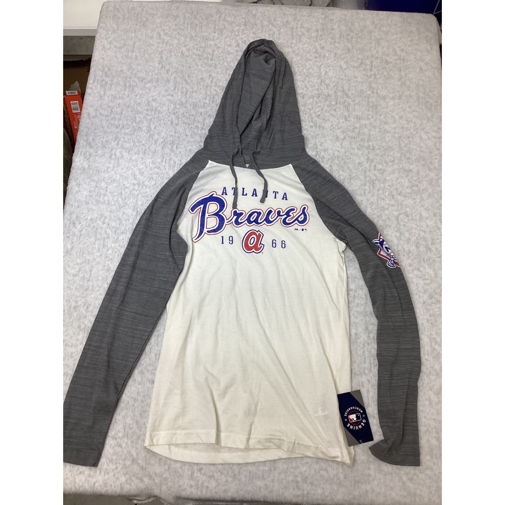 Majestic Atlanta Braves Hoodie Womens Medium Gray White Raglan‎ MLB  Shirt…